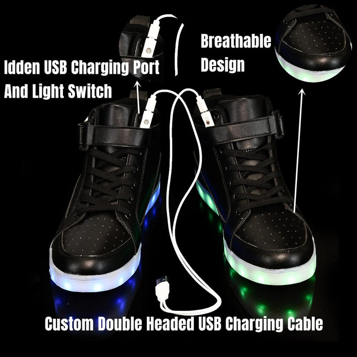 Black men's party LED shoes, rechargeable with dynamic light-up features.