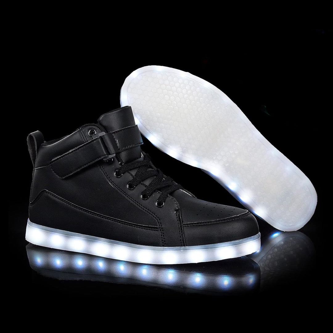 White men's fashion rechargeable LED sneakers, light-up for festivals.