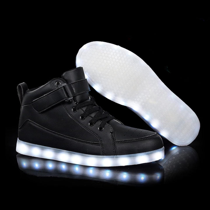 White men's fashion rechargeable LED sneakers, light-up for festivals.