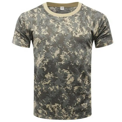 Men's durable activewear camo t-shirt. Performance-driven, military-style top for outdoor sports & training.