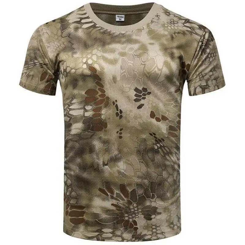 Close-up of Recon Camo performance t-shirt fabric, highlighting quick-dry, moisture-wicking, and tactical design.