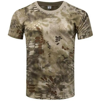 Close-up of Recon Camo performance t-shirt fabric, highlighting quick-dry, moisture-wicking, and tactical design.