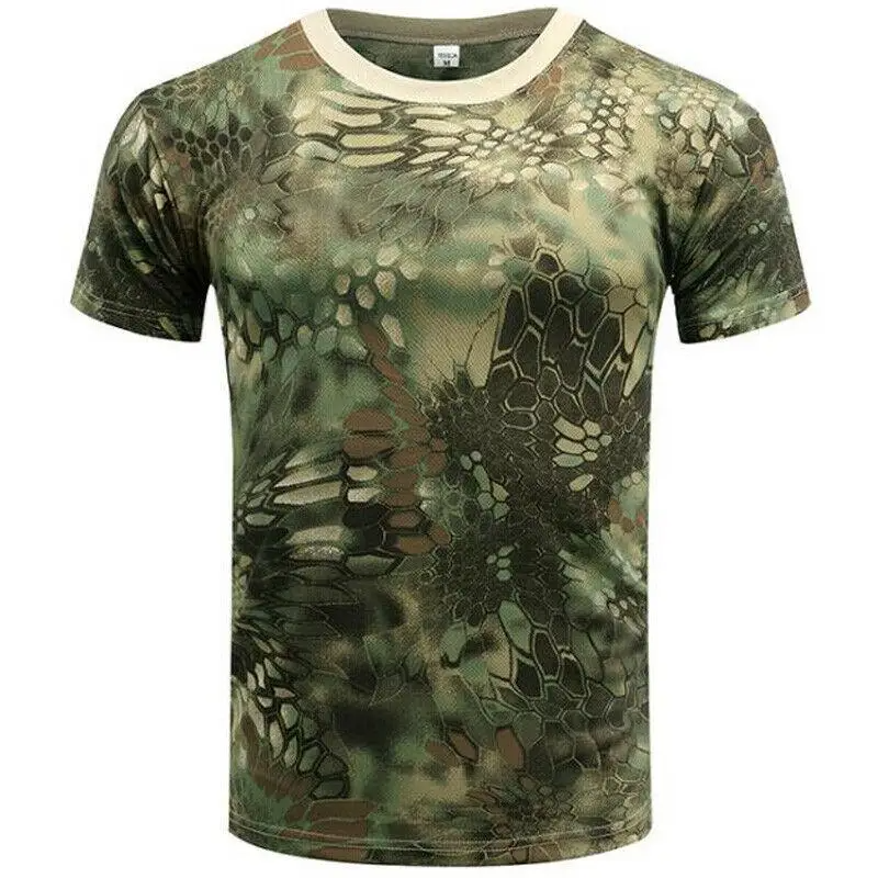 Man wearing Recon Camo performance t-shirt during an outdoor workout, showcasing athletic fit & military style.