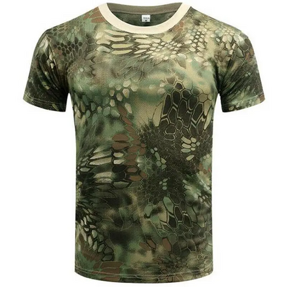 Man wearing Recon Camo performance t-shirt during an outdoor workout, showcasing athletic fit & military style.