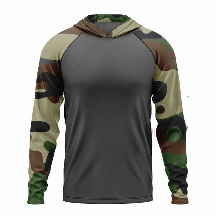 Men's Recon tactical camo hoodie with quick-dry fabric and UPF 50+ sun protection for outdoor performance.