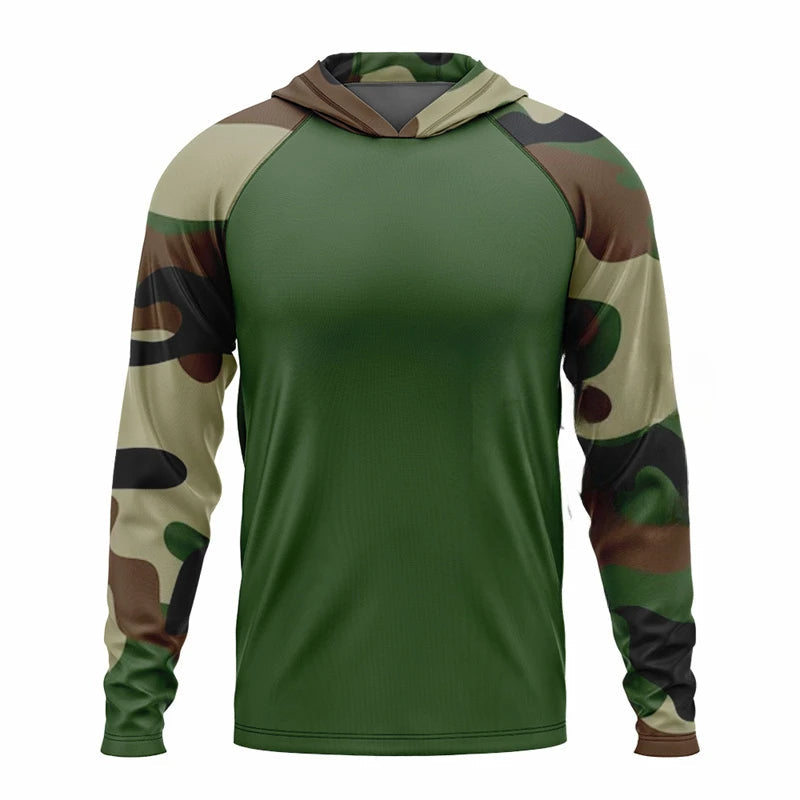 Lightweight men's camouflage performance hoodie, breathable and quick-drying for active outdoor wear.