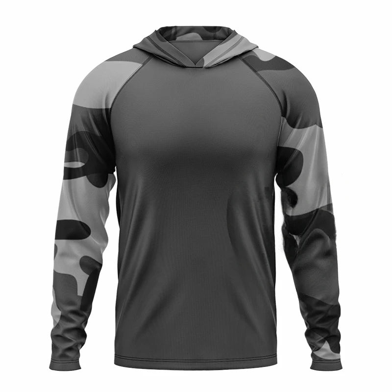 Durable men's tactical camo hooded sweatshirt, offering UPF 50+ protection & ultimate comfort for outdoor adventures.