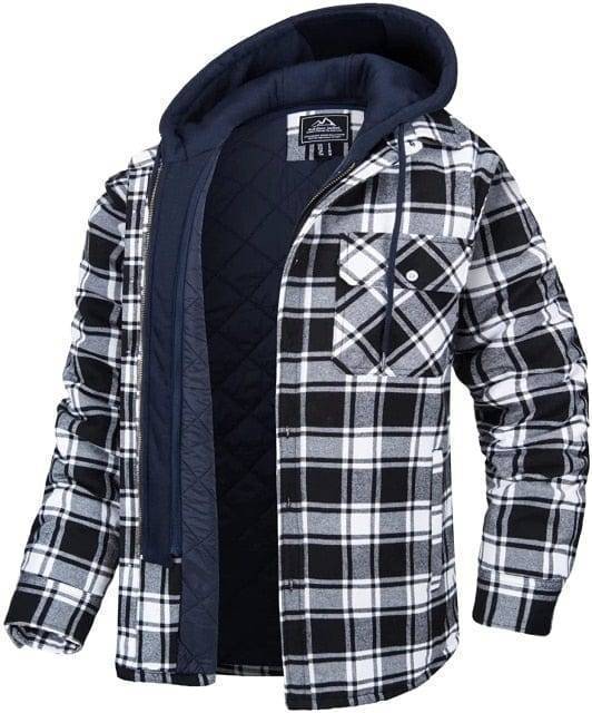 Classic men's blue and brown plaid flannel jacket with quilted lining, an ideal warm shirt coat.