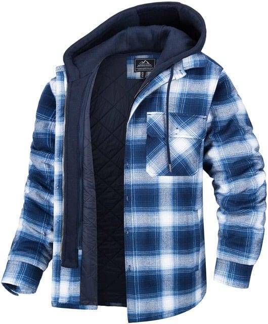 Durable men's quilted lined flannel shirt jacket in green plaid, suitable for winter casual outerwear.