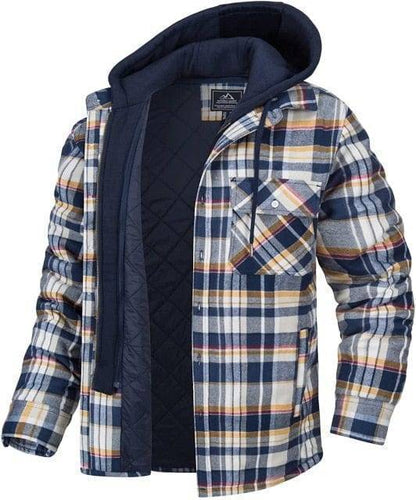 Close-up of a men's quilted lined flannel jacket showing soft plaid fabric and sturdy buttons, warm outerwear.