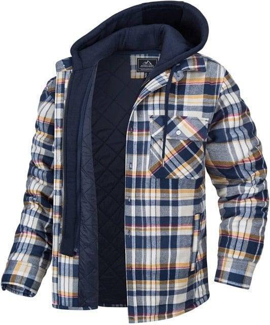 Close-up of a men's quilted lined flannel jacket showing soft plaid fabric and sturdy buttons, warm outerwear.