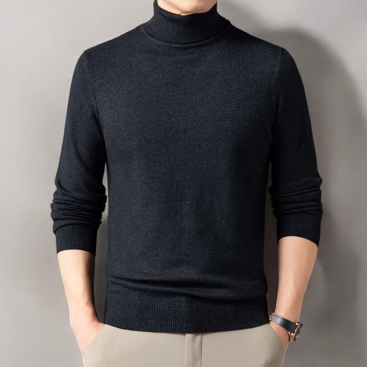 Versatile men's turtleneck sweater, excellent for layering under jackets for sophisticated winter wear.