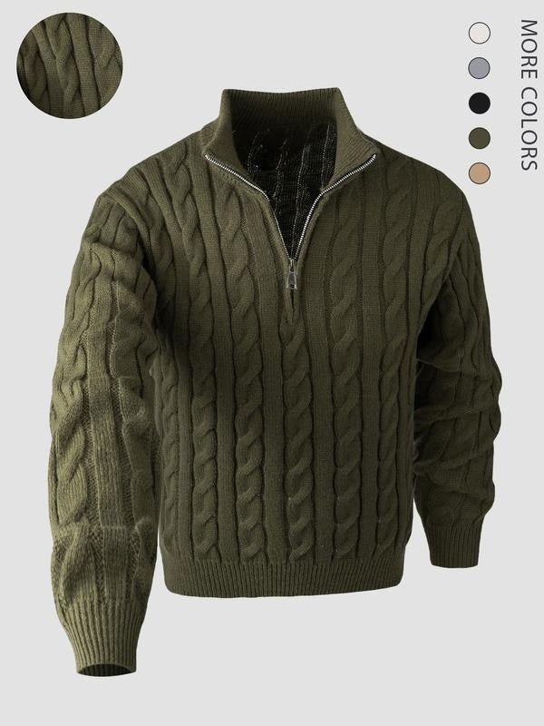 Men's refined cable knit quarter-zip sweater, classic style. Perfect for casual autumn & winter layering.