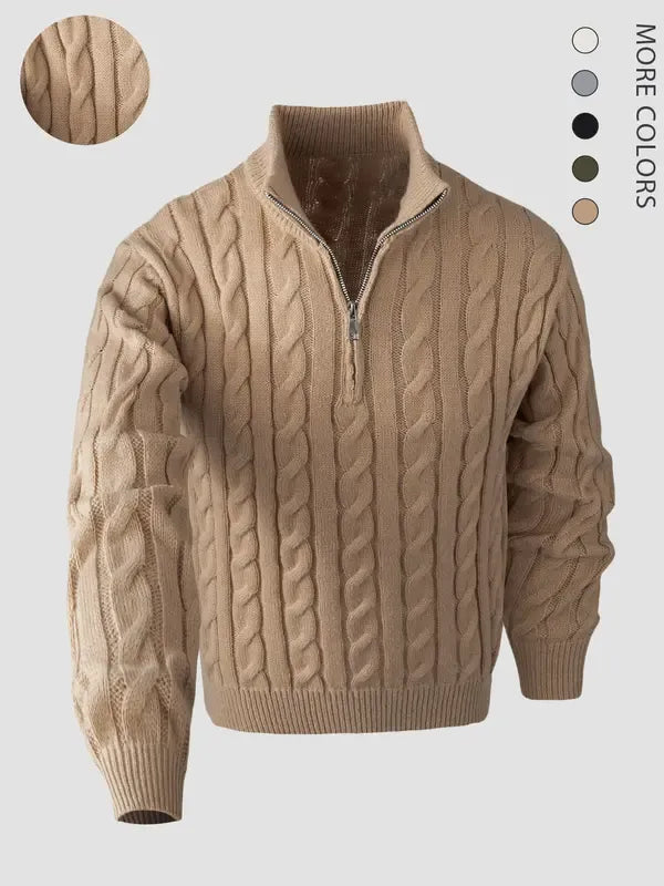 Close-up of comfortable men's cable knit quarter-zip pullover, showcasing textured fabric. Ideal for cold weather.