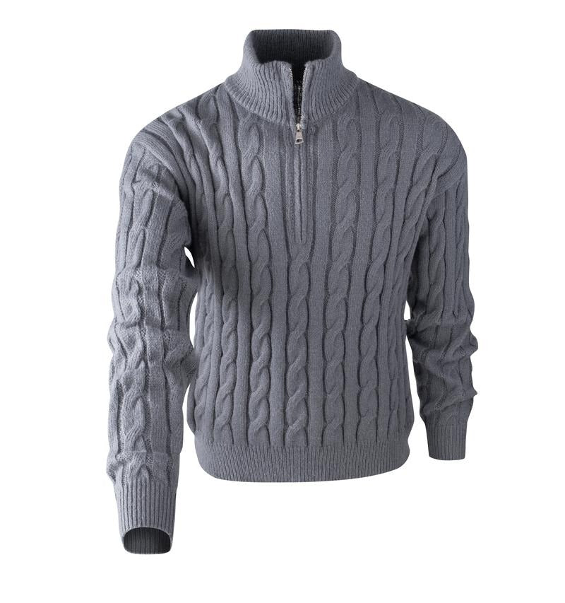 Stylish man wearing a comfortable cable knit quarter-zip sweater. Versatile classic for men's casual autumn fashion.