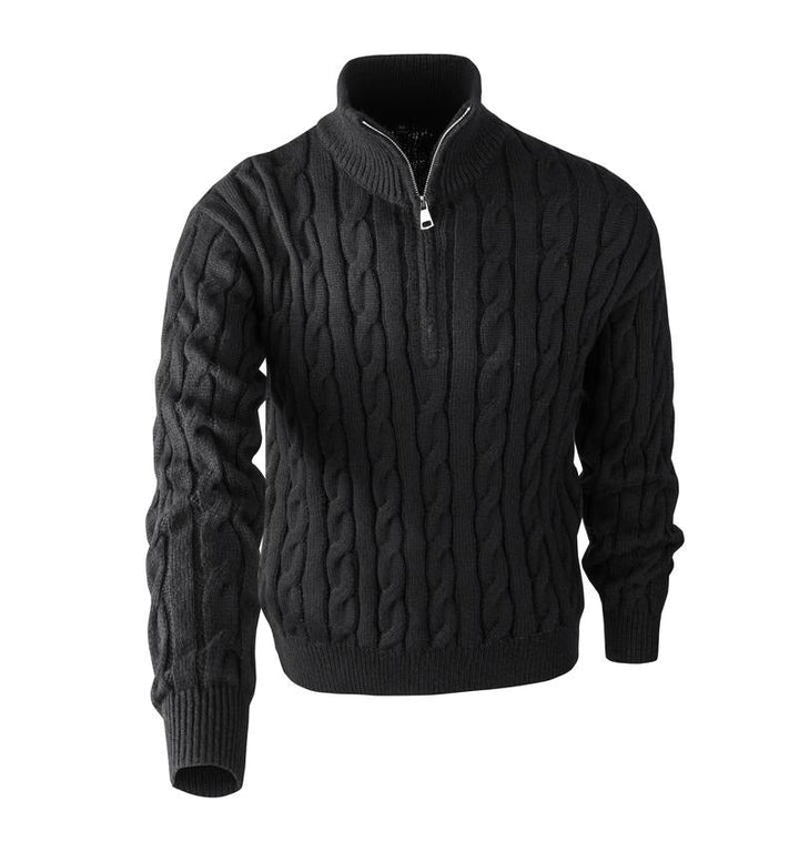 Classic grey men's cable knit quarter-zip sweater. A stylish pullover, ideal for warm winter layering & casual comfort.