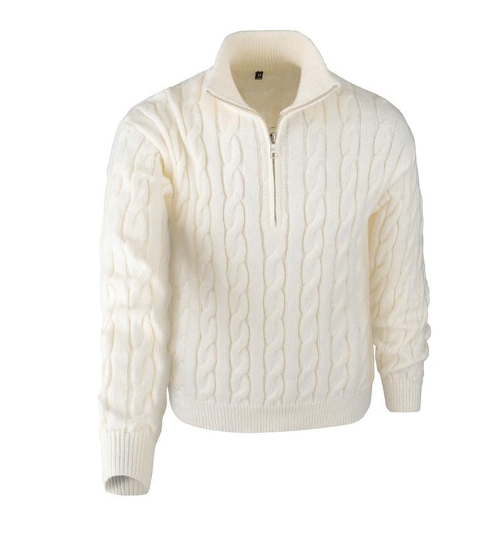 Cozy men's cable knit quarter-zip pullover. Comfortable and stylish, great for layering in autumn & winter.
