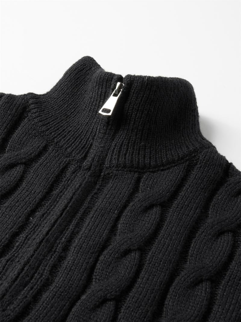 Refined men's cable knit quarter-zip sweater with textured pattern. A classic casual pullover for cooler seasons.