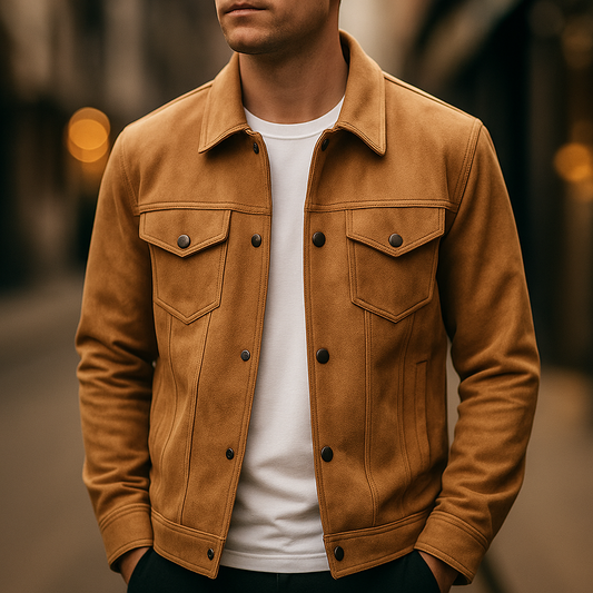 Men's refined light brown button-front jacket with chest pockets. Smart casual outerwear for modern style layering.