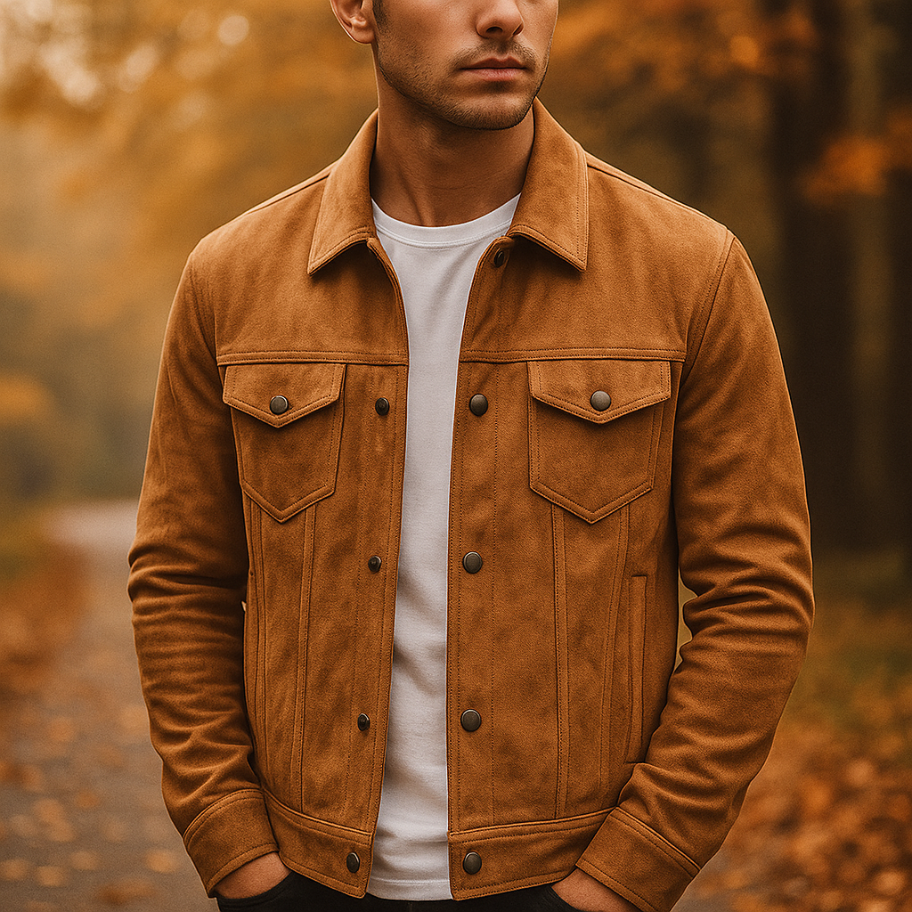 Man wearing a versatile light brown button-front jacket. Casual smart style, perfect for modern layering.