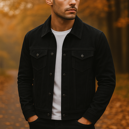 Back view of men's refined light brown button-front jacket. Versatile casual outerwear for a modern look.