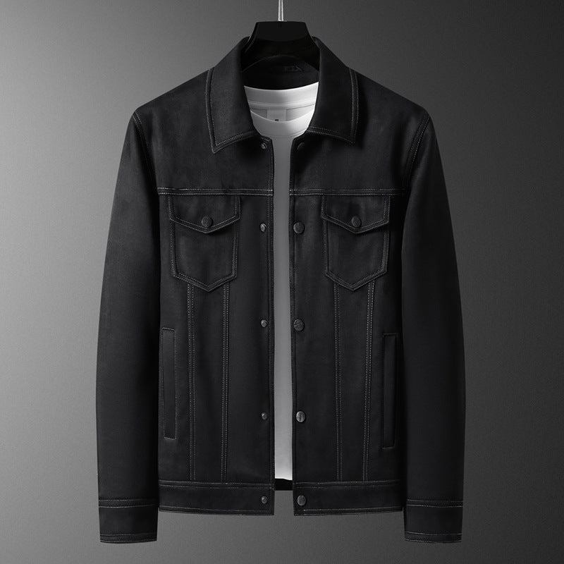 Textured view of men's refined light brown button-front jacket. High-quality smart casual outerwear.