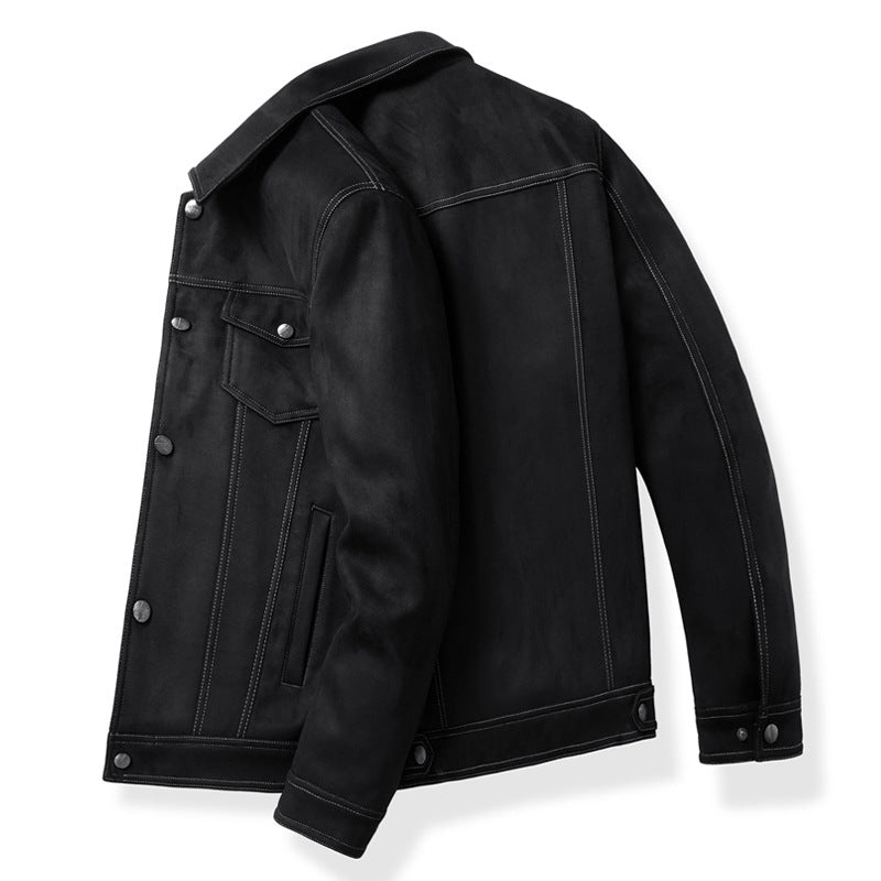 Men's refined light brown button-front jacket worn open. Versatile smart casual outerwear for layering.