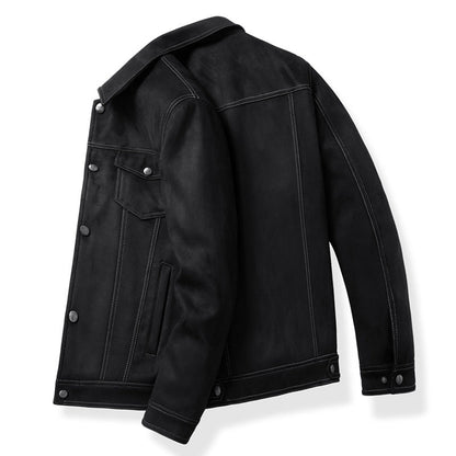 Men's refined light brown button-front jacket worn open. Versatile smart casual outerwear for layering.