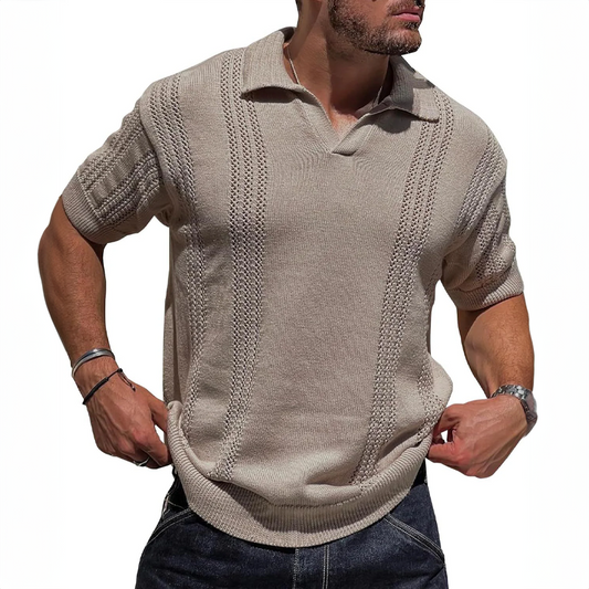 Men's refined Milanese knit polo shirt in a modern, short-sleeve design for elegant casual comfort.
