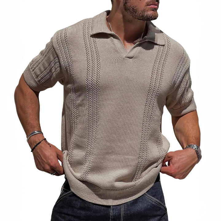 Men's refined Milanese knit polo shirt in a modern, short-sleeve design for elegant casual comfort.