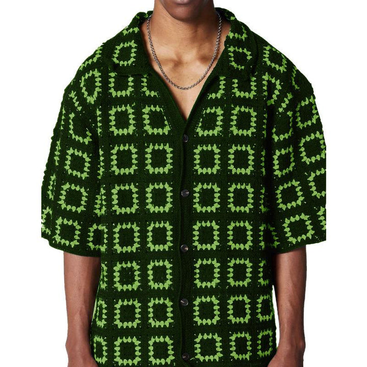 Comfortable men's summer knit shirt with a unique geometric pattern, short sleeve and breathable fabric.