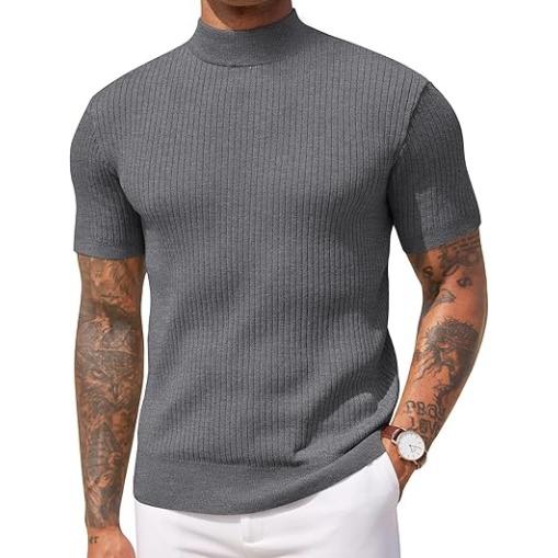 Men's refined short sleeve ribbed mock neck top with a modern tailored fit for a sleek look.