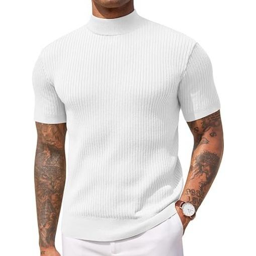Gray men's slim fit ribbed mock neck shirt, tailored for comfort and versatile casual style.