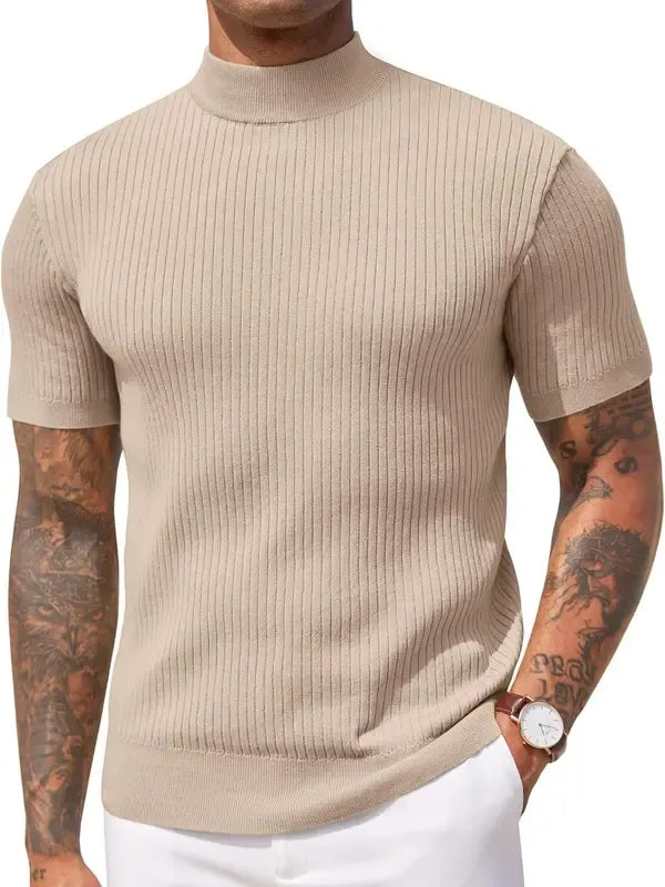 Stylish men's tailored fit short sleeve ribbed mock neck top in white, perfect for everyday wear.