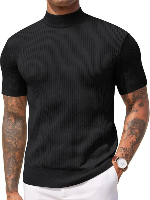 Versatile men's black ribbed mock neck shirt, tailored fit, ideal for casual and smart-casual outfits.