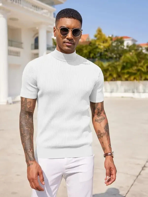 Beige men's short sleeve ribbed mock neck top with a sleek tailored slim fit, comfortable and stylish.