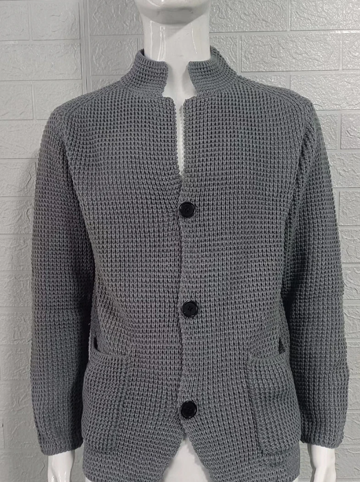 Sophisticated textured knit pattern on a men's long-sleeve cardigan, perfect for elegant autumn-winter style.
