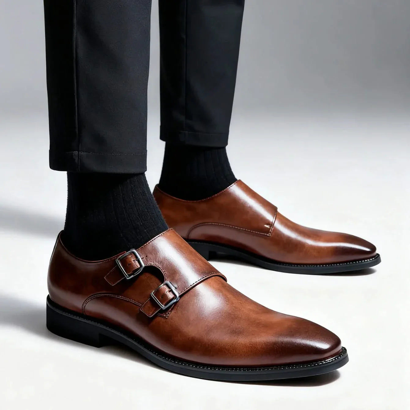 Men's Regent Monk Loafers: Sleek black leather, double buckle, perfect for formal or smart casual wear.