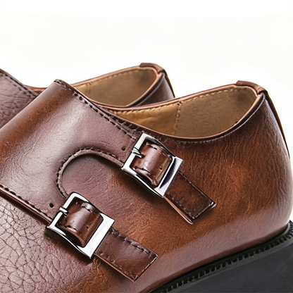 Versatile men's Regent Monk Loafers. Black leather dress shoes, suitable for formal events or smart casual attire.