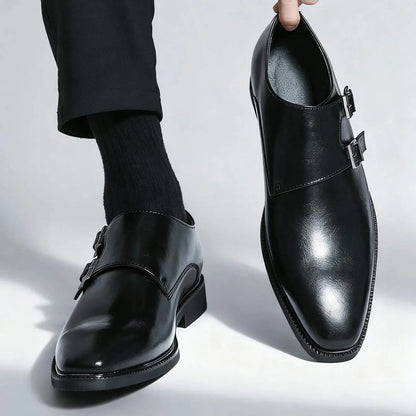 Side profile of men's comfortable Regent Monk Loafers. Black leather, elegant design with a durable sole.