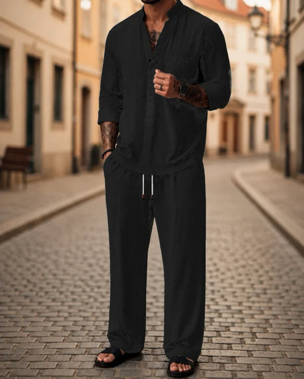 Men's relaxed fit 2-piece shirt and pants set for casual summer comfort, perfect everyday wear or leisure.