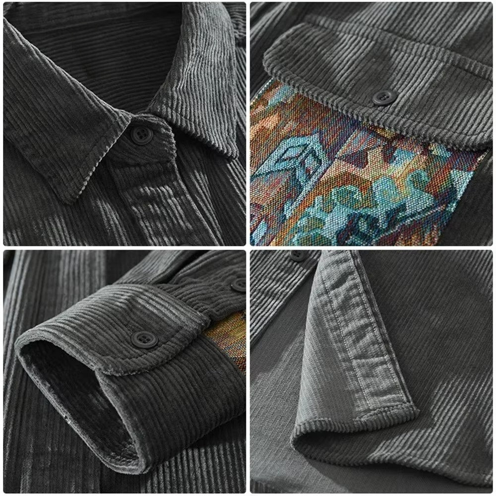 Relaxed fit men's button-up shirt featuring a unique abstract pattern. Ideal long-sleeve casual top.