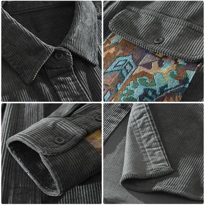 Relaxed fit men's button-up shirt featuring a unique abstract pattern. Ideal long-sleeve casual top.