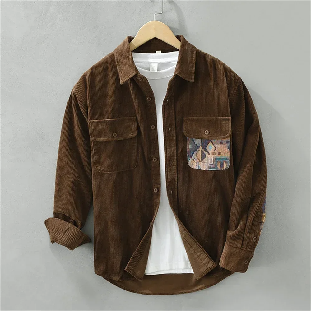 Men's long-sleeve button-up shirt with an abstract pattern. Relaxed fit, casual style, perfect menswear.