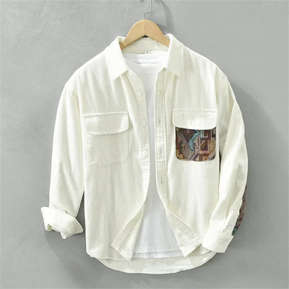 Stylish abstract print men's shirt. Relaxed fit, long sleeve casual button-up, versatile menswear apparel.