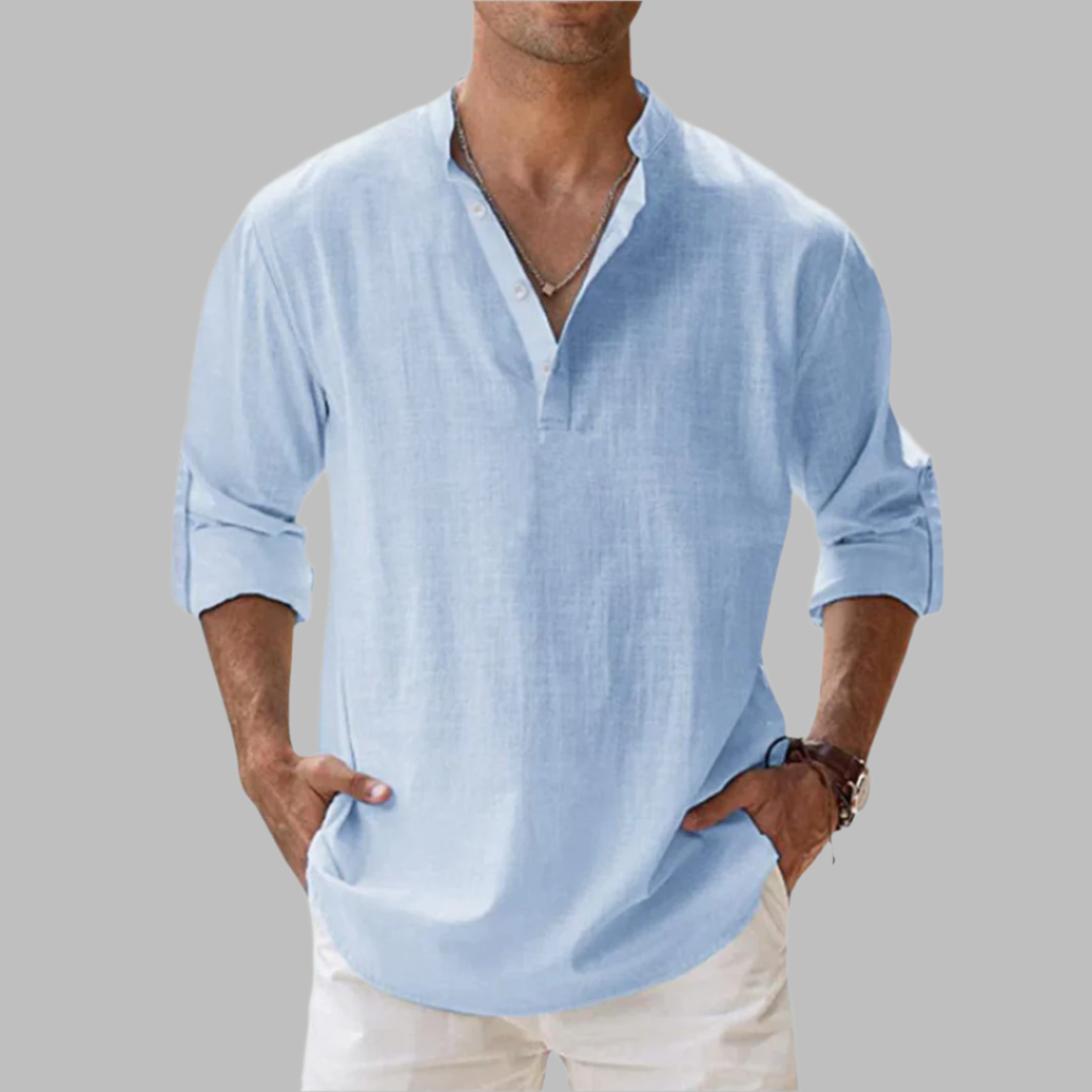 Men's relaxed fit band collar shirt, a casual summer style long sleeve top. Breathable & comfortable.