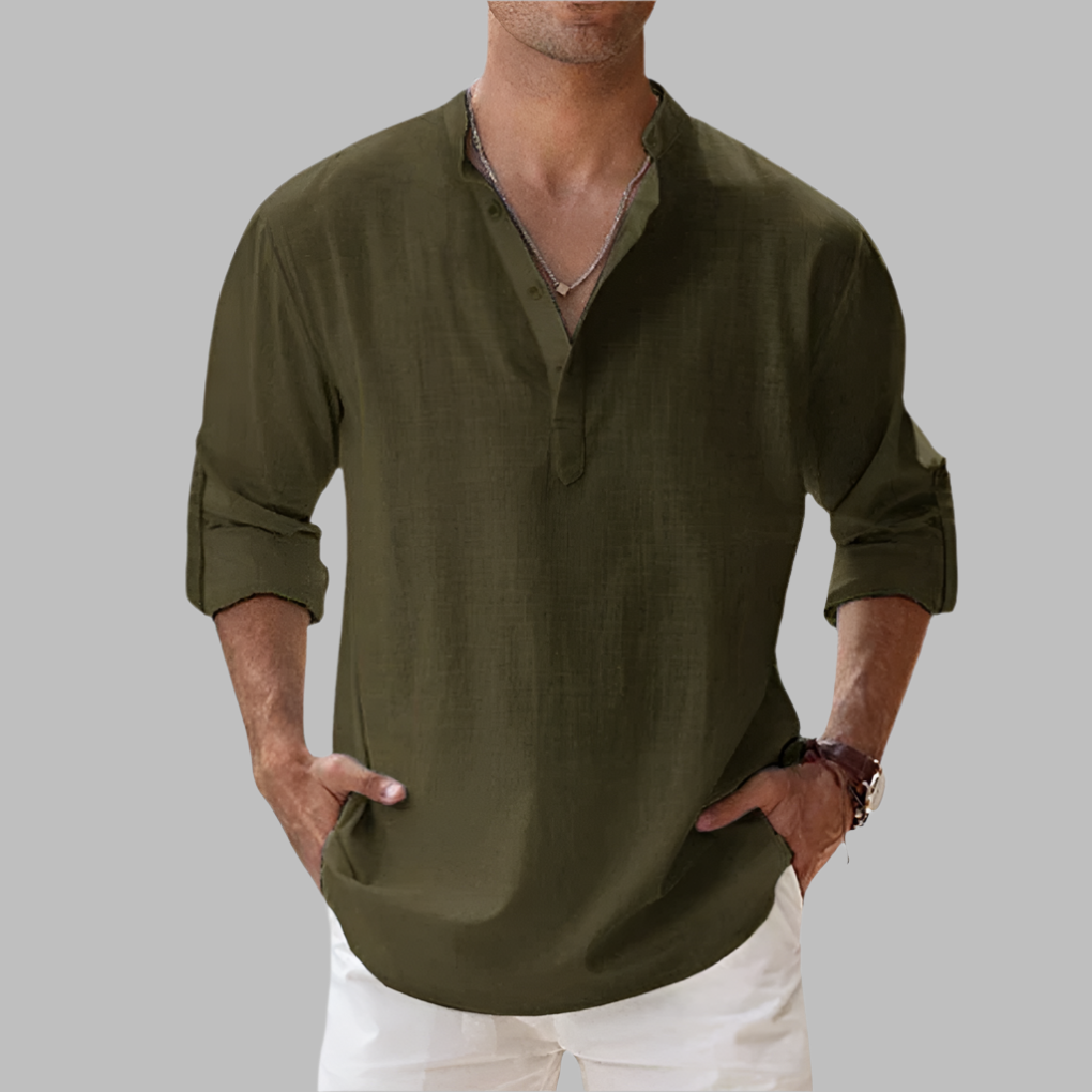 Men's relaxed fit long sleeve band collar top, perfect casual summer style, breathable & versatile.