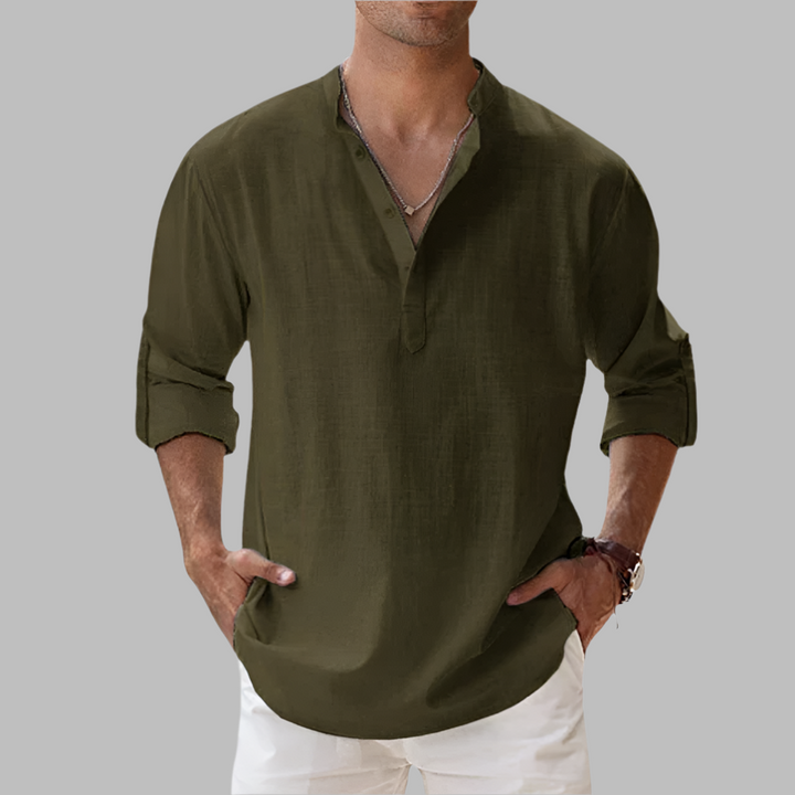 Men's relaxed fit long sleeve band collar top, perfect casual summer style, breathable & versatile.
