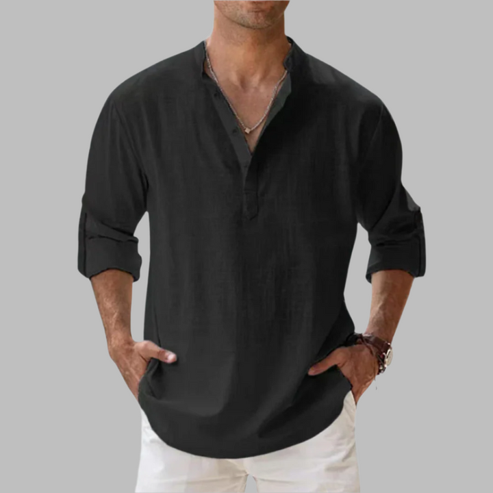 Breathable men's long sleeve band collar shirt in a relaxed fit, perfect for summer vacations & casual wear.