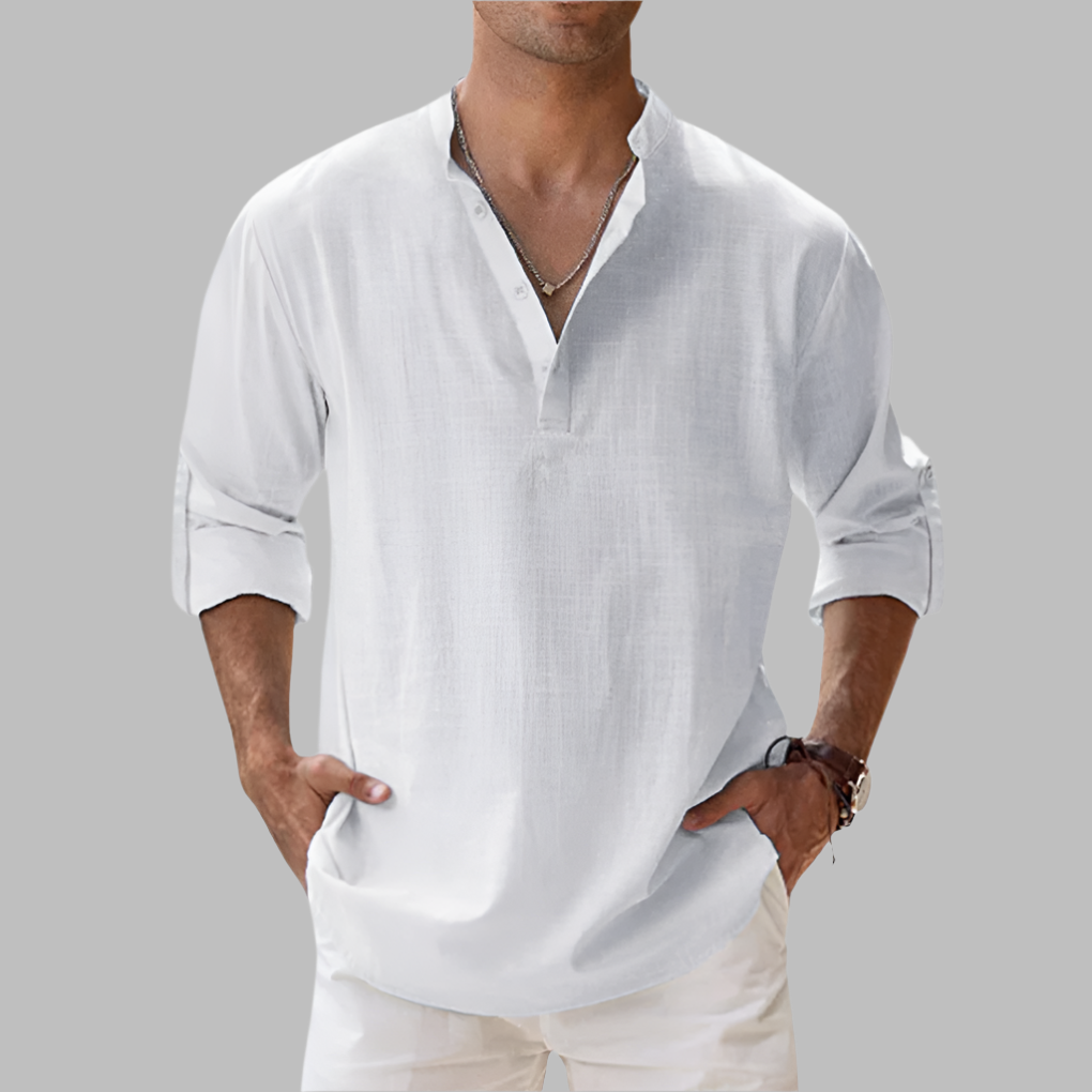 Stylish men's band collar shirt, relaxed fit long sleeve, great for casual summer outings & vacation wear.